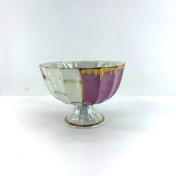 Vtg Enesco Iridescent Purple White Gold Trim Footed Teacup Saucer Set - Picture 4 of 9